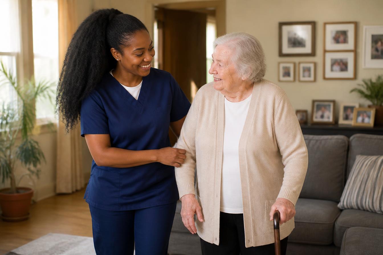 Home care aide with a full ponytail walking with a senior woman in her living room